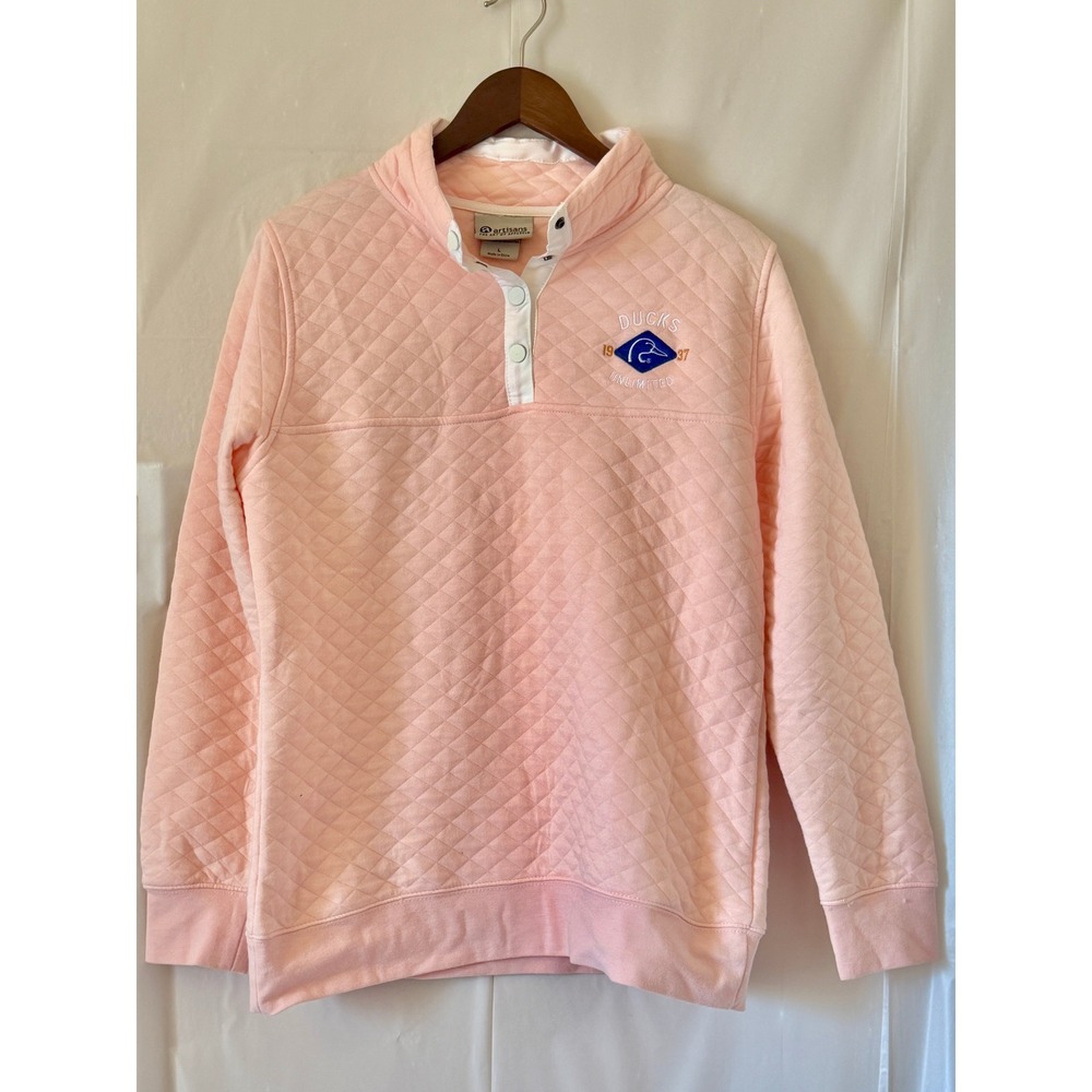 Artisans Ducks Unlimited Quilted Pullover Sweatshirt Pink Peach Large Logo Snap